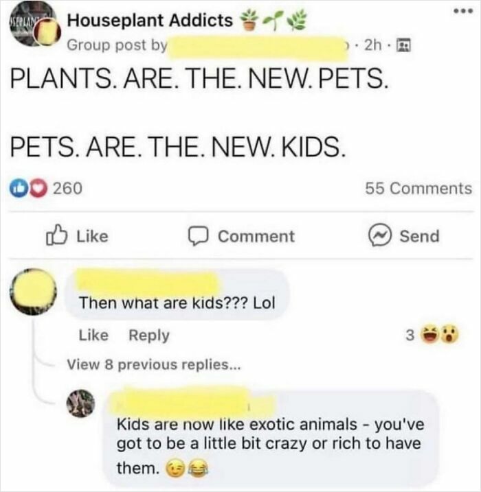 Funny screenshot from social media about plants, pets, and kids sparking humorous online conversation and reactions.