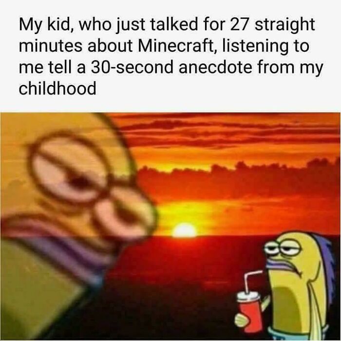 Blurred fish character listening unamused to another fish talking, illustrating relatable memes about family conversations.