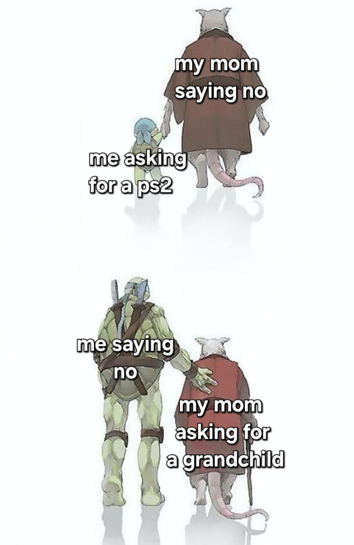 Relatable hilarious memes showing a humorous exchange between mom and child about asking for a PS2 and grandchild.