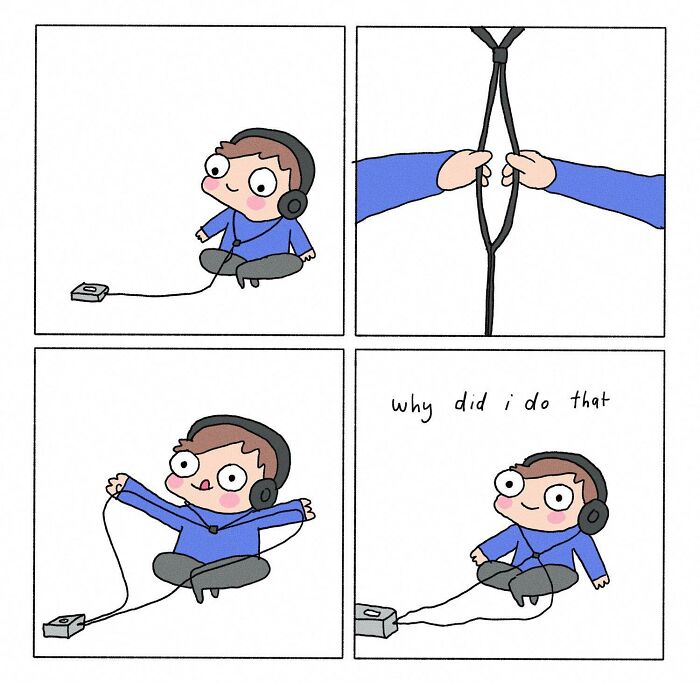 Cartoon of a person wearing headphones, tangled in a headphone cord, with the caption "why did i do that" in a relatable meme style.