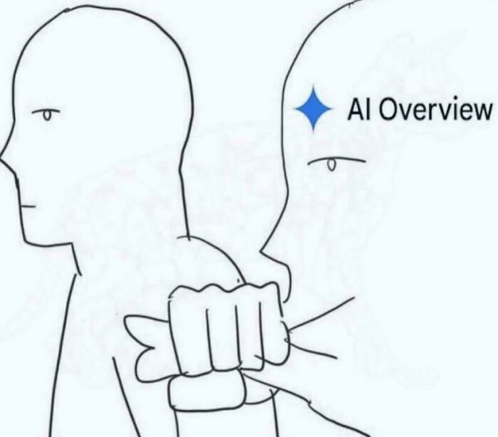 Minimalist cartoon of two figures, one labeled AI overview poking the other's back, relatable hilarious meme concept.