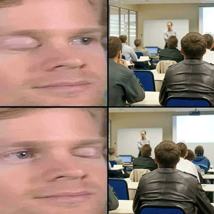 Close-up of a man winking paired with students attending a lecture, a relatable hilarious meme format.