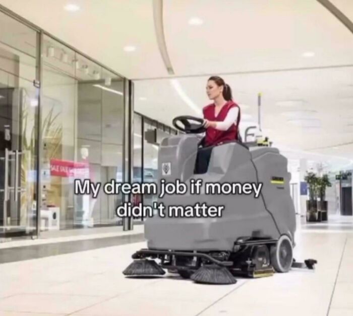 Woman riding a floor cleaning machine in a mall, humorously expressing a dream job relatable meme about money and work.
