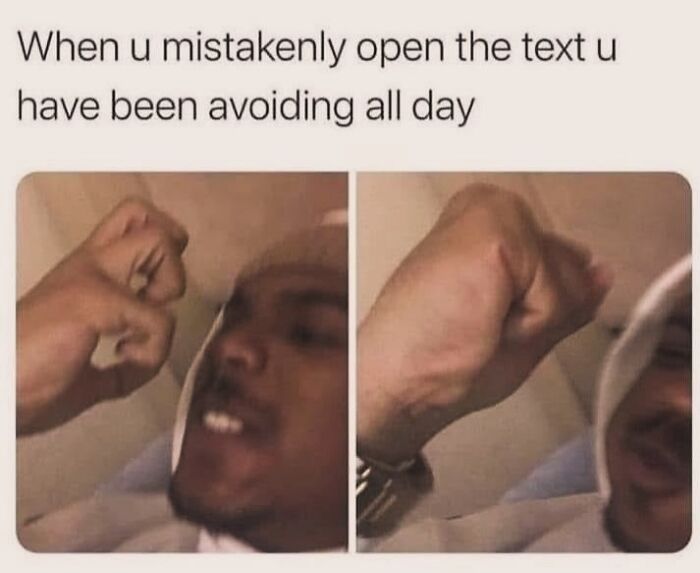 Relatable meme showing a person frustrated after accidentally opening a text they've been avoiding all day.