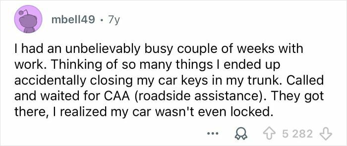 Text post describing an embarrassing situation that later became funny involving car keys and roadside assistance.
