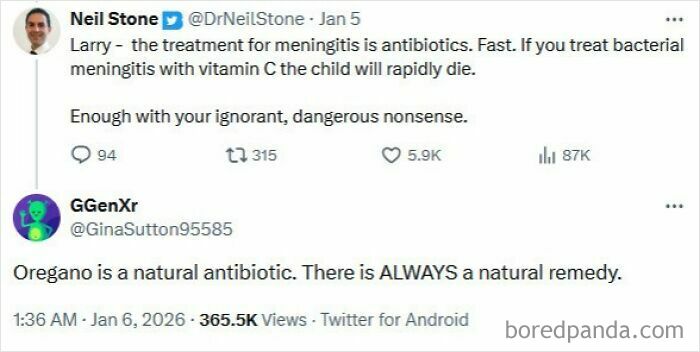 Twitter exchange showing a medical expert correcting dangerous natural remedy claims, highlighting medical knowledge spread and shaming.