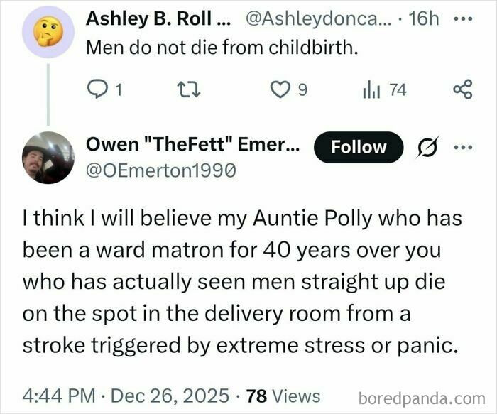 Twitter exchange where someone spreads questionable medical knowledge about childbirth, sparking criticism and shaming online.