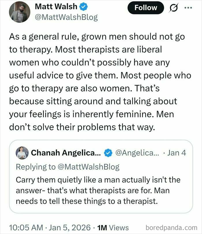 Screenshot of Twitter discussion showing flawed medical knowledge about therapy and gender roles, criticized for spreading misinformation.