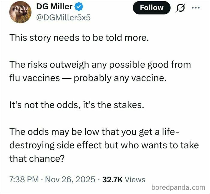 Tweet expressing skepticism about flu and other vaccines, sharing medical knowledge and opinions that sparked controversy online.