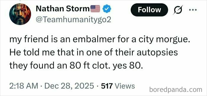 Tweet screenshot discussing a false medical claim about an 80 ft blood clot shared online and widely criticized.