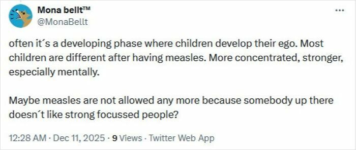Tweet screenshot discussing misconceptions about measles and children’s development, related to medical knowledge spread and shaming.