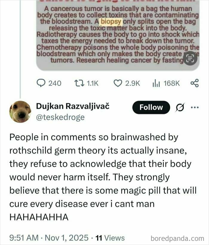 Screenshot of a social media post spreading medical misinformation, criticized for false health claims and misunderstood biology.