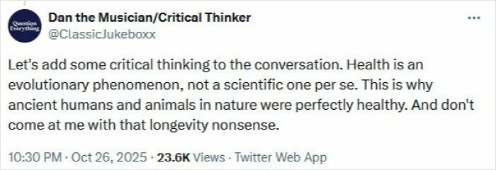 Twitter post by Dan the Musician criticizing scientific views on health, highlighting misinformation and medical knowledge mistakes.