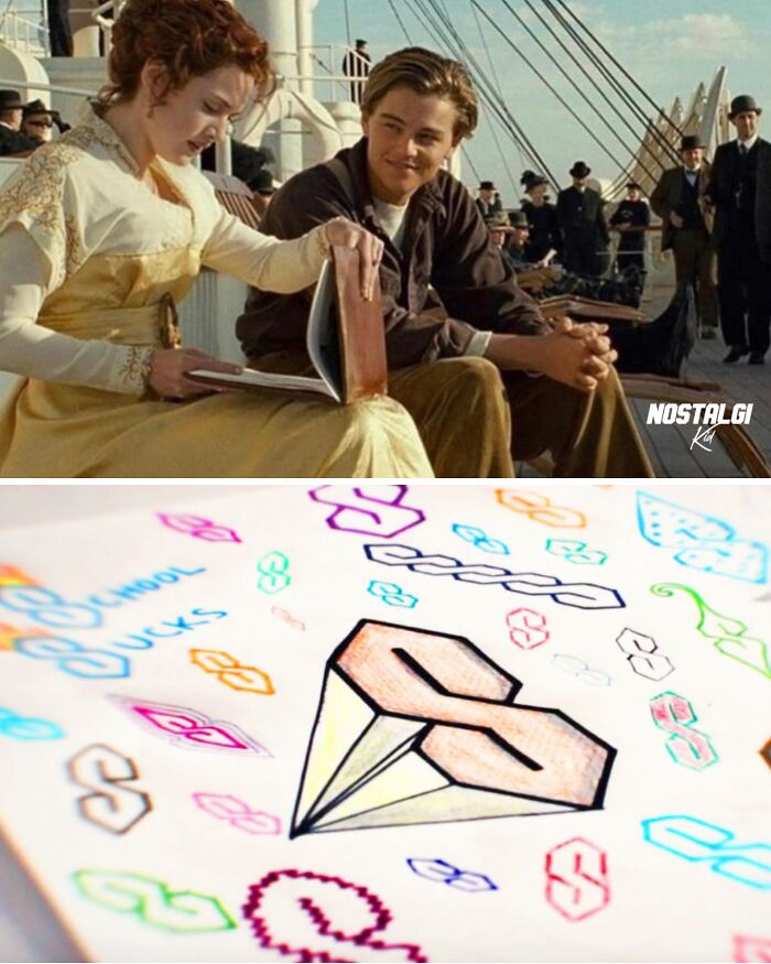 Scene from Titanic with couple on deck, paired with colorful nostalgic school bucks drawings, evoking Xenials memory trip.
