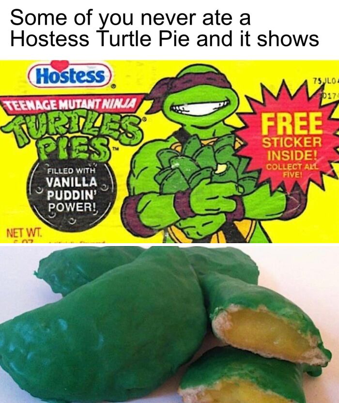 Hostess Teenage Mutant Ninja Turtles Pie packaging with green turtle-shaped pies filled with vanilla pudding, nostalgia for Xenials.