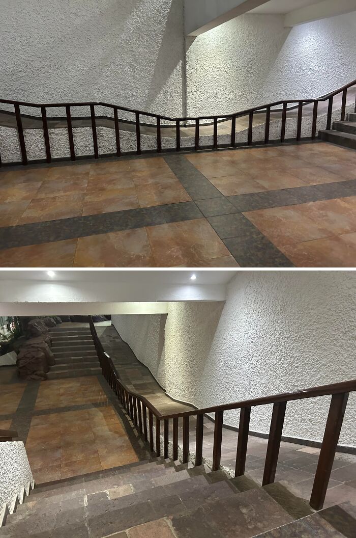 Wavy staircase handrail with uneven design creating a confusing and terrible product design indoors.