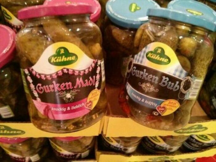 Jars of pickles labeled with gendered nonsense terms, illustrating examples of gendered marketing in products.