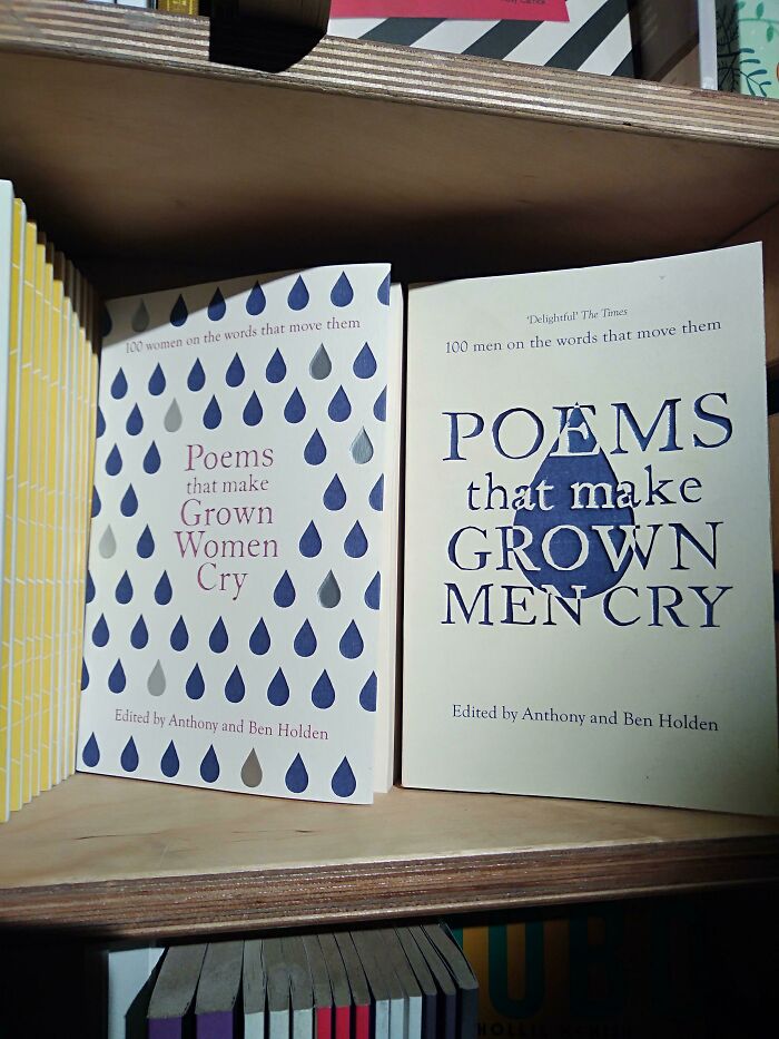 Two books titled Poems that make Grown Women Cry and Poems that make Grown Men Cry displayed side by side on a wooden shelf.