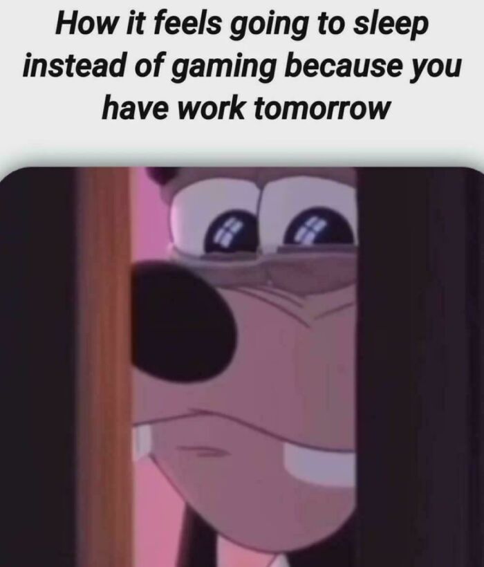 Relatable meme showing the feeling of choosing sleep over gaming before work, capturing hilarious everyday struggles.