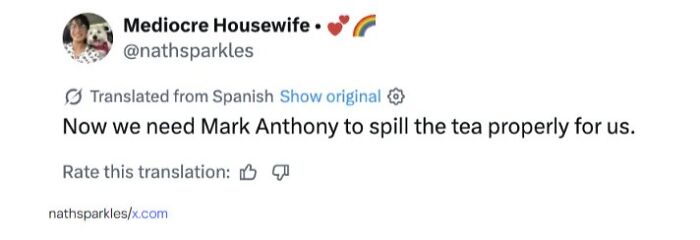 Screenshot of a tweet about needing Mark Anthony to share gossip, referencing Victoria Beckham stealing the spotlight.