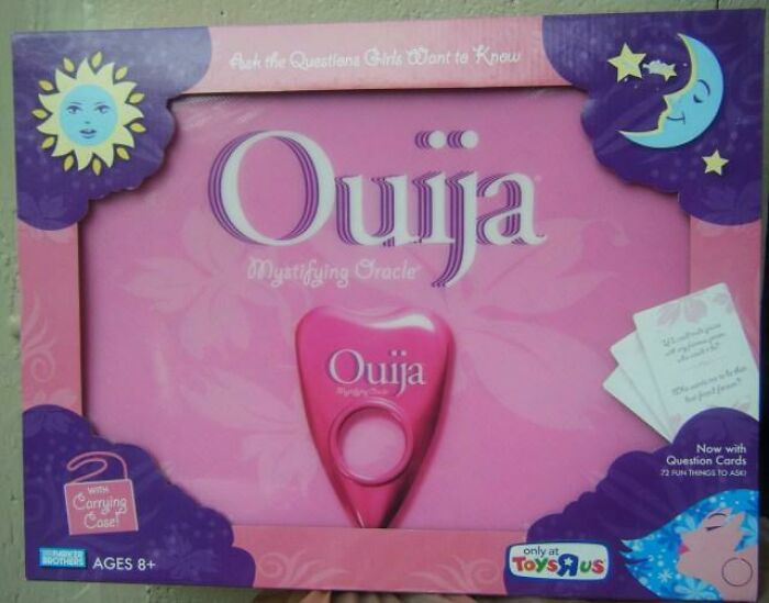 Pink Ouija board packaging labeled as girls’ gendered nonsense toy with question cards, appealing to children ages 8 and up.