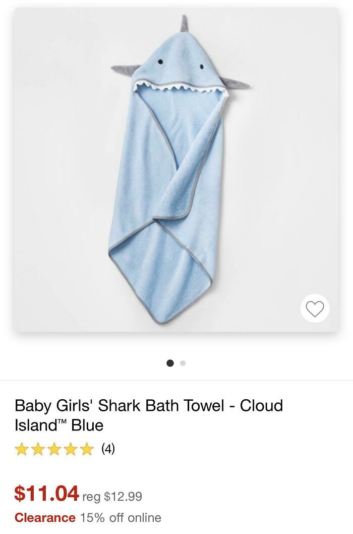 Baby girls shark bath towel in blue with hood and fins highlighting examples of gendered nonsense in kids' products.