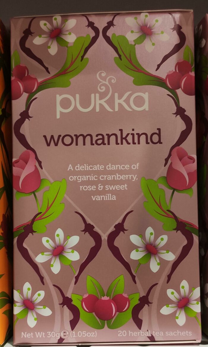 Pukka womankind tea box with floral design highlighting gendered nonsense in product marketing.