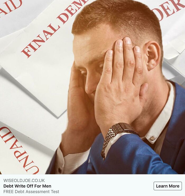 Stressed man in blue suit covering face surrounded by final demand letters illustrating gendered nonsense concept.