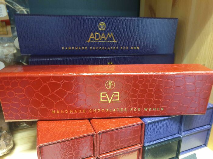 Boxes of handmade chocolates labeled separately for men and women, illustrating examples of gendered nonsense.