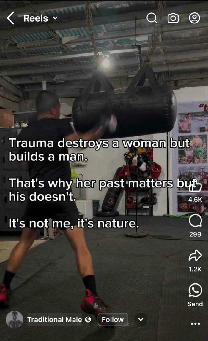 Man boxing in a gym with text highlighting gendered nonsense about trauma affecting men and women differently.