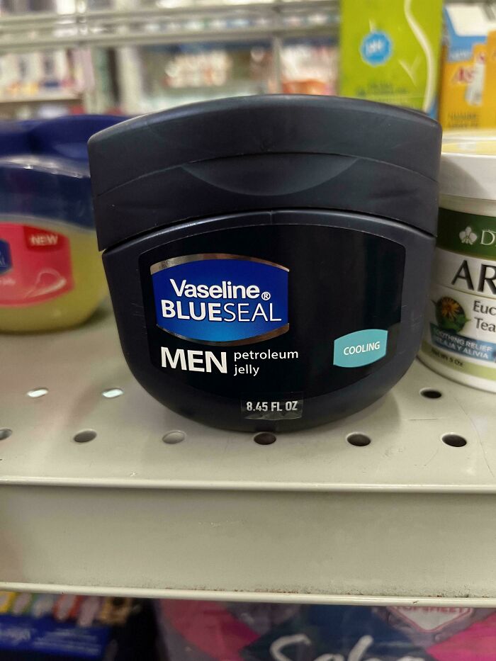 Vaseline petroleum jelly for men in blue packaging labeled cooling, illustrating gendered nonsense product marketing.