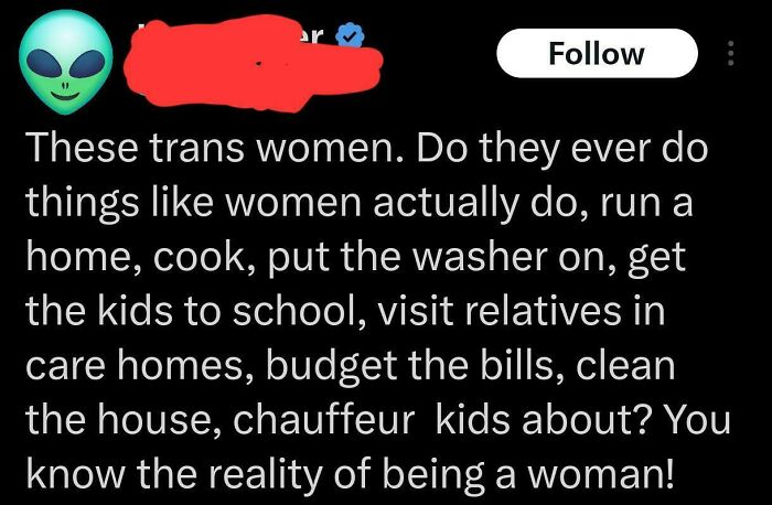 Screenshot of a social media post expressing gendered nonsense about the roles and expectations of trans women.