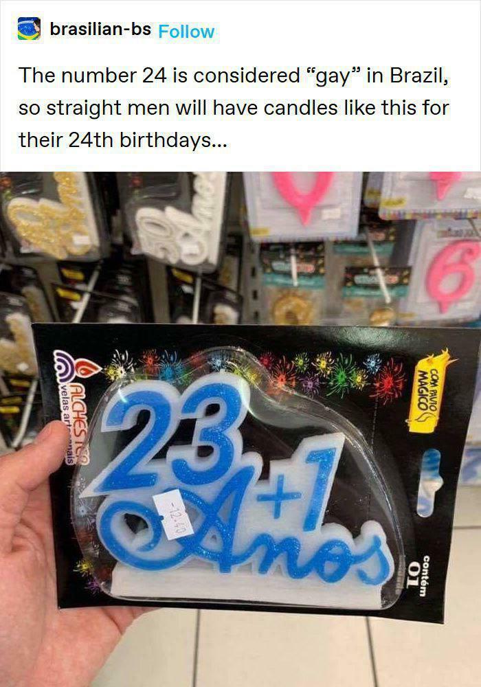 Birthday candles showing 23 plus 1 for 24, highlighting gendered nonsense in cultural birthday traditions.