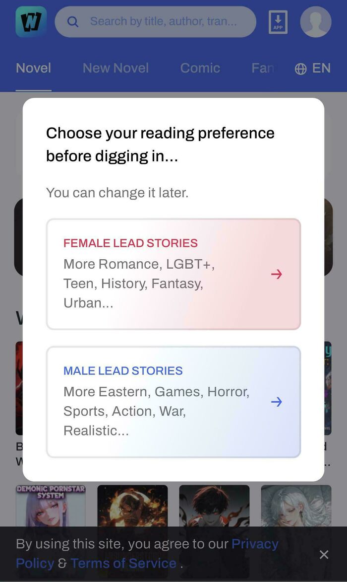 Reading preference screen showing gendered nonsense choices for female lead and male lead story genres on a book app.