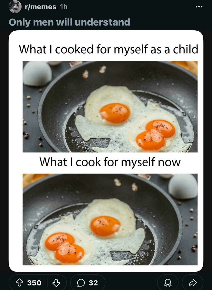 Two frying pans with imperfectly cooked eggs illustrating gendered nonsense humor about cooking differences from childhood to now.