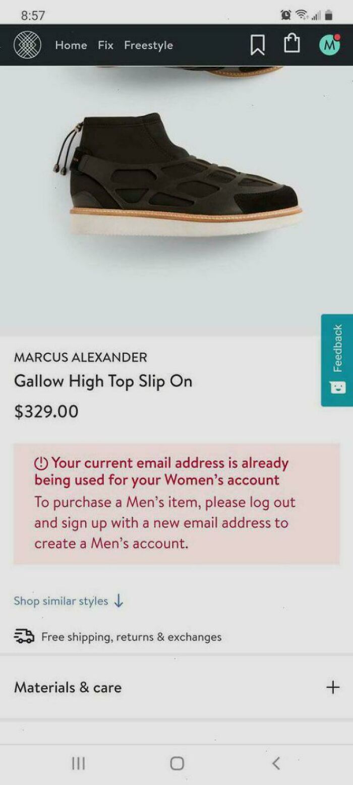 Black Gallow High Top Slip On shoe priced at $329 with a gendered nonsense message about separate men's and women's accounts.