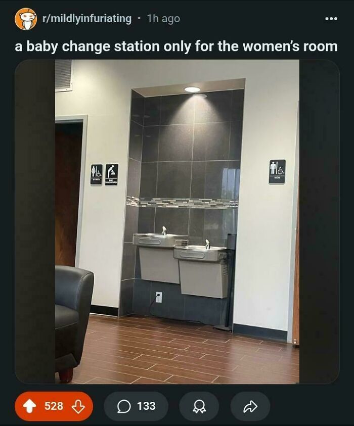 Baby changing station installed only in the women’s restroom, highlighting examples of gendered nonsense.