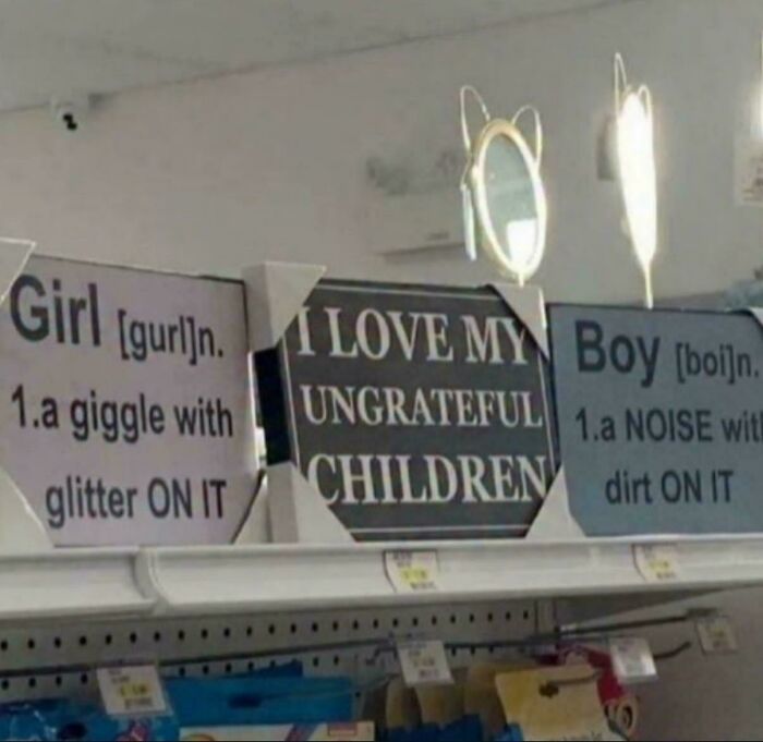 Signs on a store shelf highlighting gendered nonsense stereotypes about girls and boys with playful definitions.