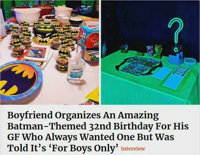 Batman-themed birthday party setup with gendered nonsense highlighting outdated "for boys only" mindset.