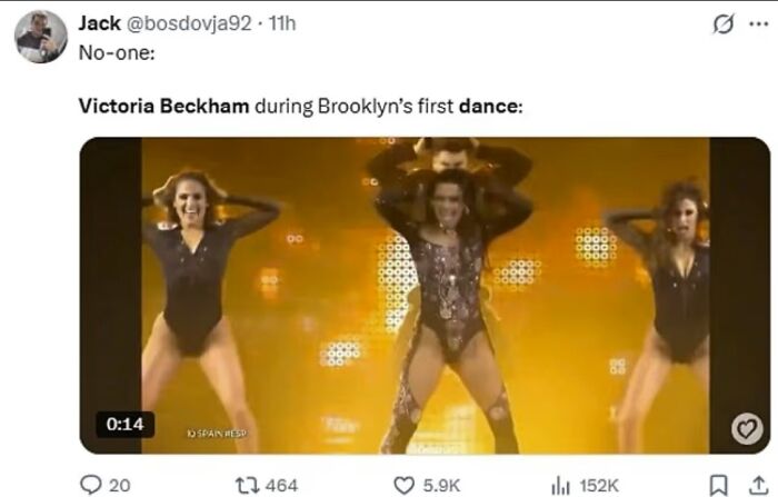Tweet showing a viral meme of Victoria Beckham dancing during her son’s wedding first dance, sparking many online reactions.