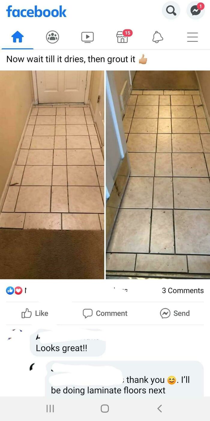 DIY fail showing poorly installed floor tiles with uneven grout lines and crooked edges in a narrow hallway.