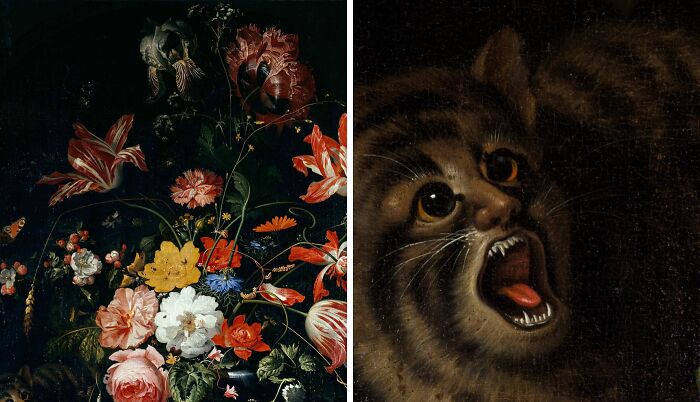 Split image showing a detailed old floral painting and a hilariously bad old painting of a cat with exaggerated expression.