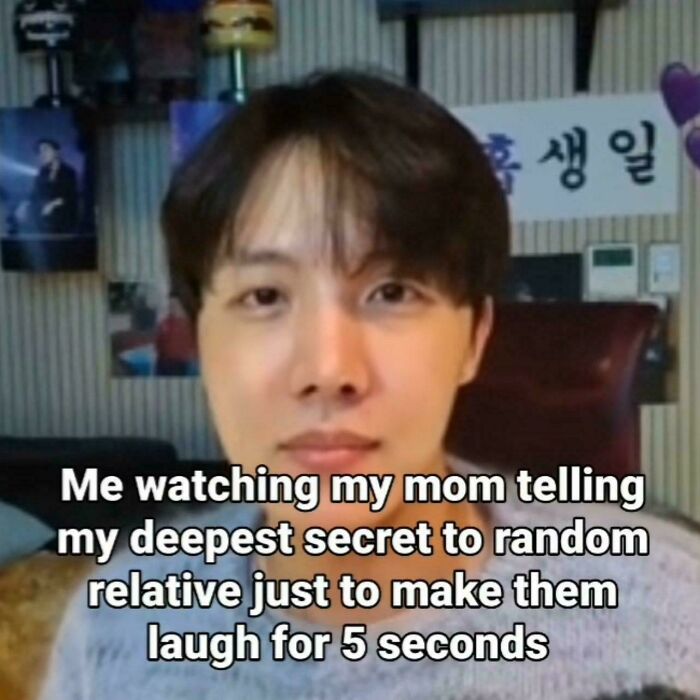 Man watching his mom share a deepest secret with a relative, a funny screenshot capturing a relatable awkward moment.