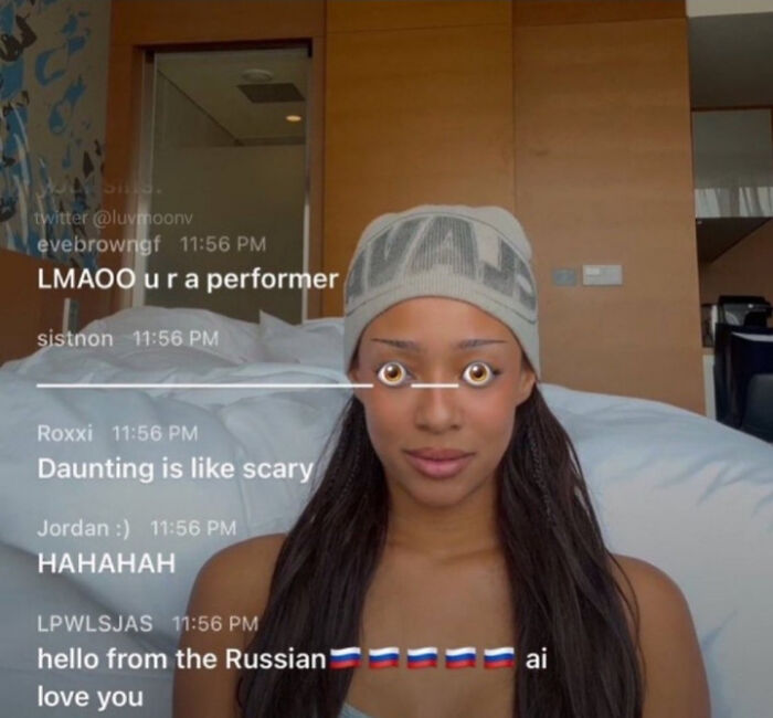 Screenshot of a woman with edited cartoon eyes in a chat window, showcasing funny screenshots people took.