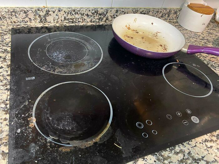 Dirty kitchen stovetop with a stained frying pan and food residue, showing roommate jerks living habits.