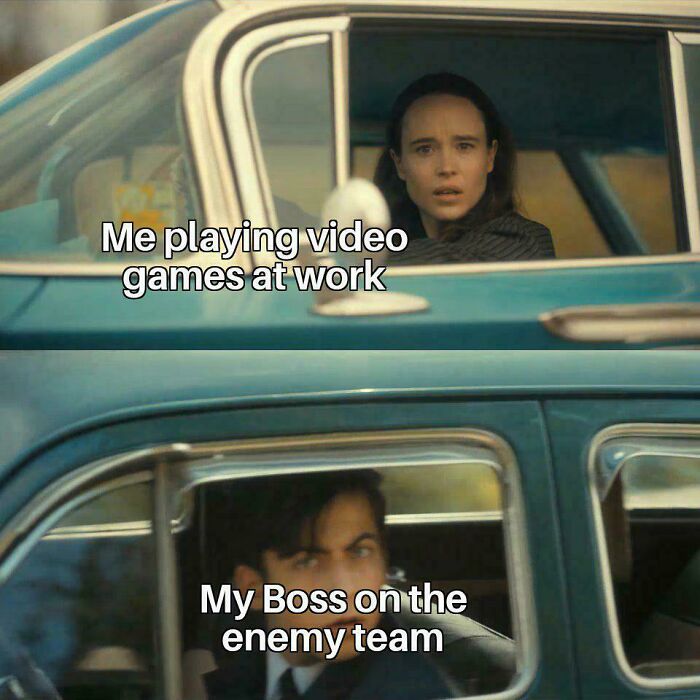 Woman looking surprised playing video games at work while man in another car window looks suspicious in relatable meme format