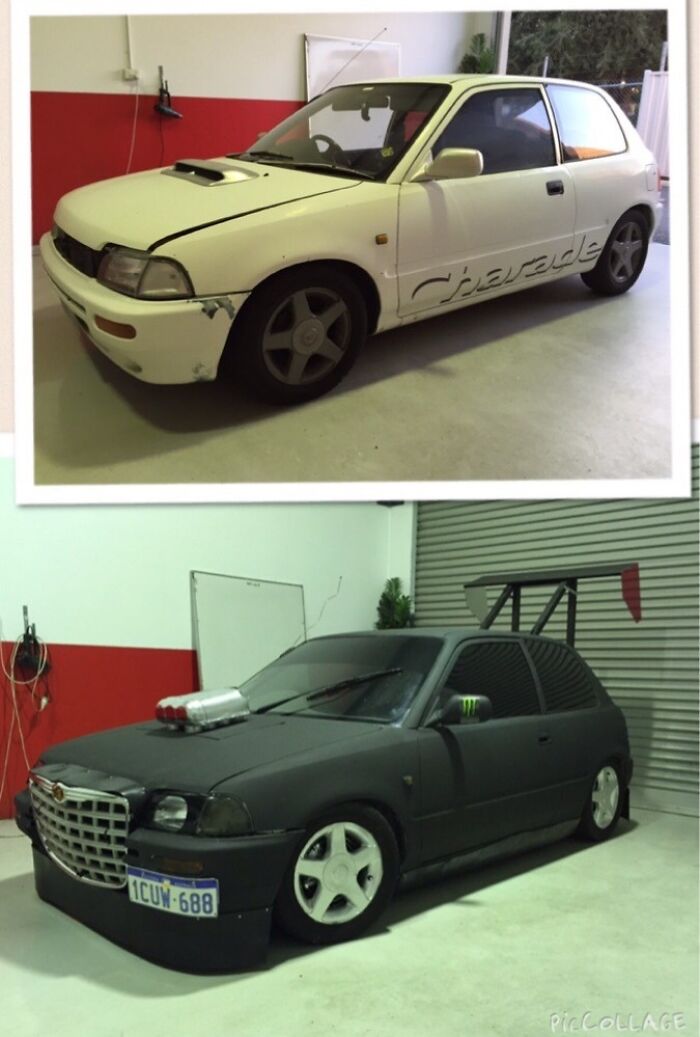 Two DIY car modification fails, one with chipped paint and the other with an oversized rear wing and custom grill.