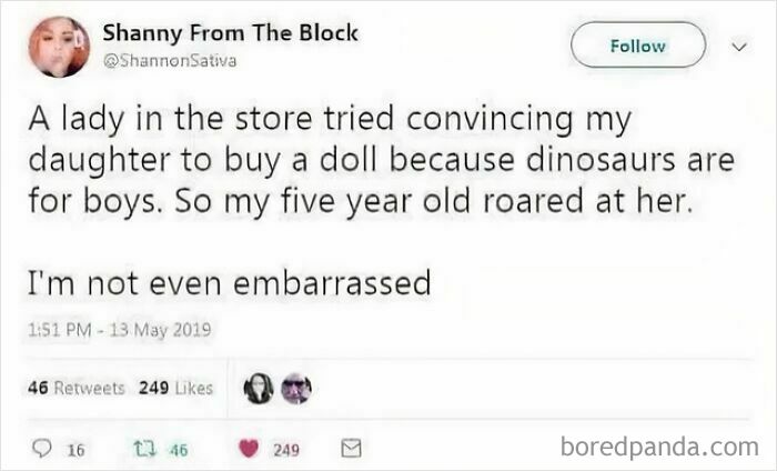 Tweet about a child challenging gendered nonsense that dinosaurs are only for boys, highlighting examples of gendered stereotypes.