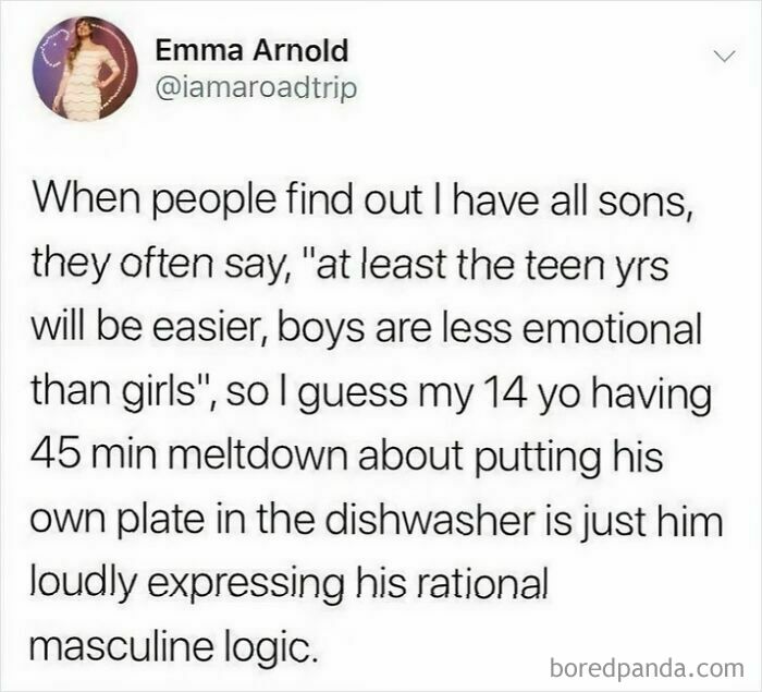 Tweet discussing a boy's emotional meltdown, highlighting gendered nonsense and stereotypes about boys and girls.