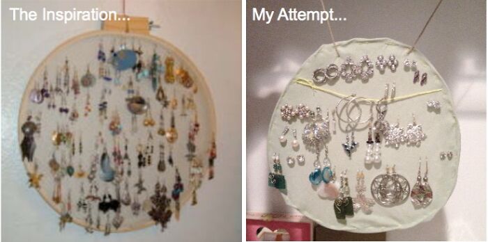 Two DIY jewelry holders side by side showing a failed attempt to replicate the original design with earrings displayed.
